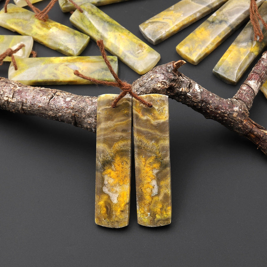 Natural Bumble Bee Jasper Rectangle Cabochon Cab Earring Pair Drilled Matched Gemstone Beads Vibrant Orange Yellow Colors