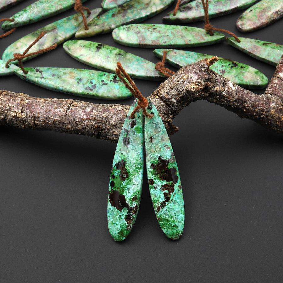 Natural Apple Green Parrot Wing Chrysocolla Teardrop Earring Pair Matched Gemstone Beads