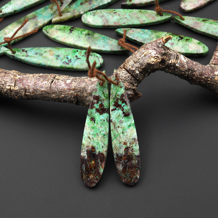 Natural Apple Green Parrot Wing Chrysocolla Teardrop Earring Pair Matched Gemstone Beads
