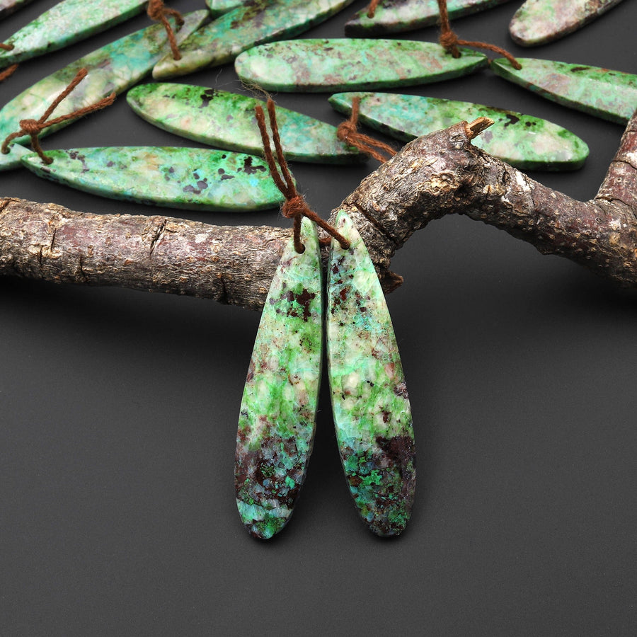 Natural Apple Green Parrot Wing Chrysocolla Teardrop Earring Pair Matched Gemstone Beads