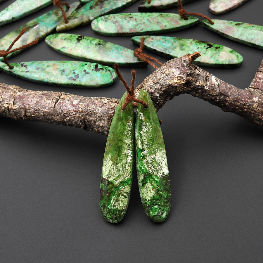 Natural Apple Green Parrot Wing Chrysocolla Teardrop Earring Pair Matched Gemstone Beads