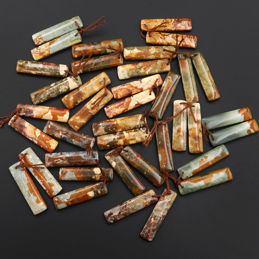Natural Owyhee Picture Jasper Rectangle Earring Pair Drilled Matched Gemstone From Oregon