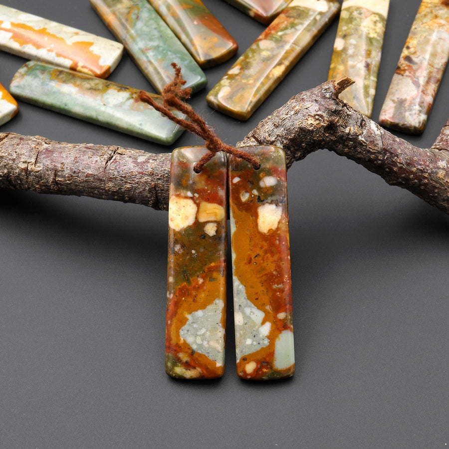 Natural Owyhee Picture Jasper Rectangle Earring Pair Drilled Matched Gemstone From Oregon