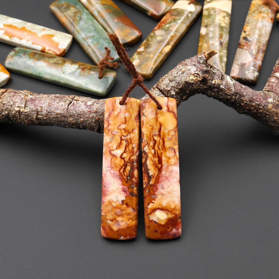 Natural Owyhee Picture Jasper Rectangle Earring Pair Drilled Matched Gemstone From Oregon