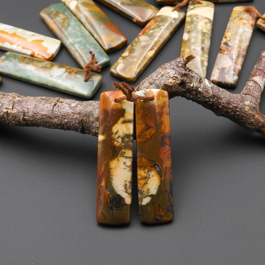 Natural Owyhee Picture Jasper Rectangle Earring Pair Drilled Matched Gemstone From Oregon