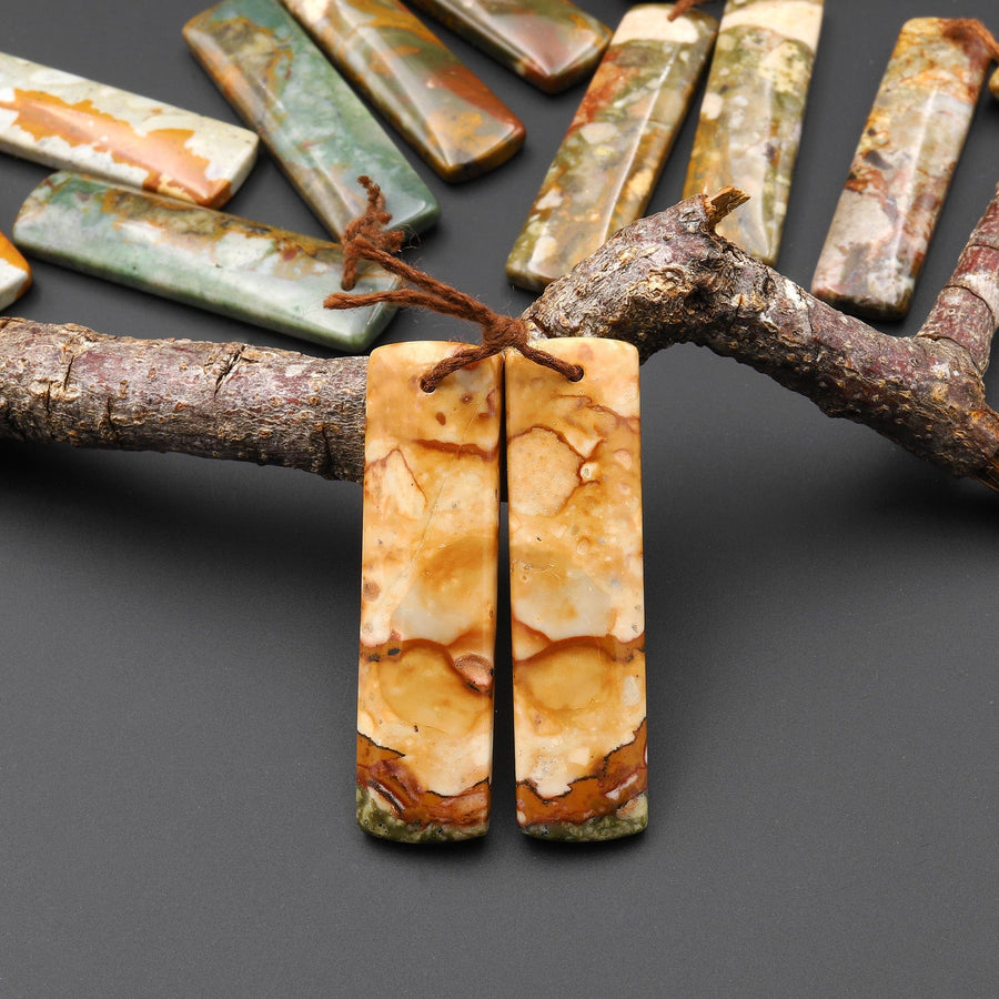 Natural Owyhee Picture Jasper Rectangle Earring Pair Drilled Matched Gemstone From Oregon