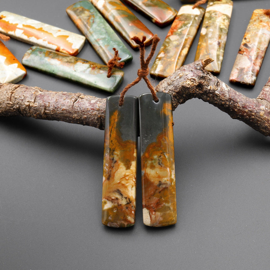 Natural Owyhee Picture Jasper Rectangle Earring Pair Drilled Matched Gemstone From Oregon