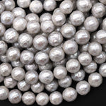 Faceted Genuine Freshwater Silver Pearl 10mm Round Shimmery Iridescent Beads 16" Strand