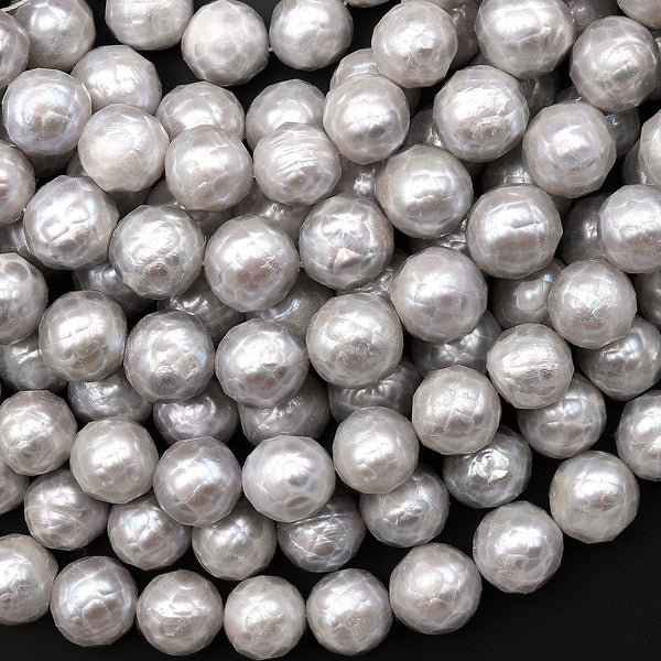 Faceted Genuine Freshwater Silver Pearl 10mm Round Shimmery Iridescent Beads 16" Strand