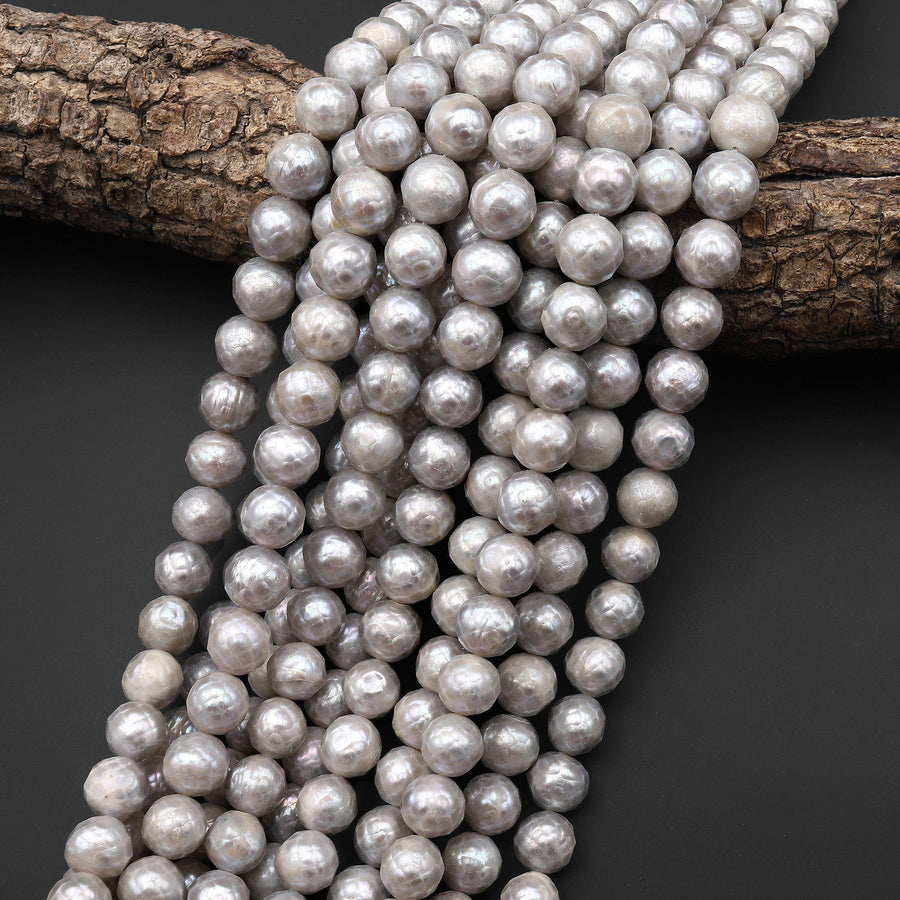 Faceted Genuine Freshwater Silver Pearl 10mm Round Shimmery Iridescent Beads 16" Strand