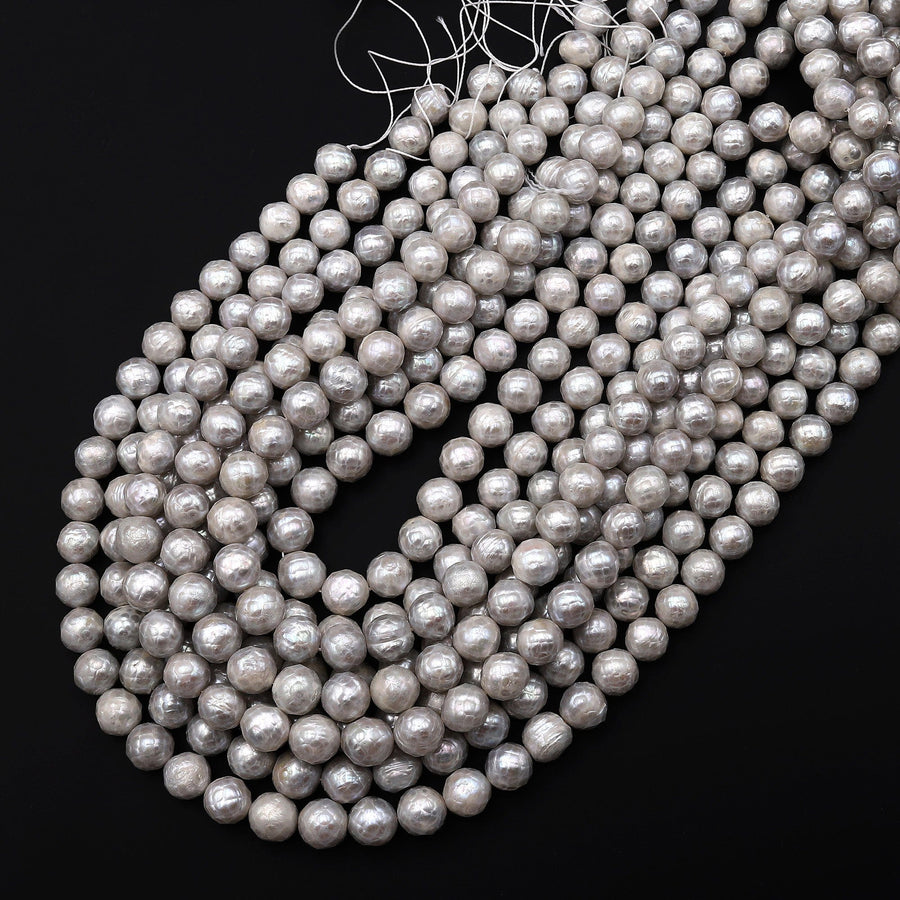 Faceted Genuine Freshwater Silver Pearl 10mm Round Shimmery Iridescent Beads 16" Strand