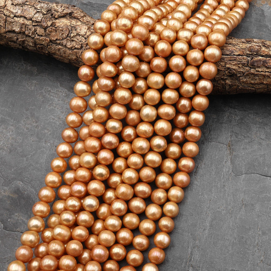 Large Golden Apricot Pearl 10mm Off Round Pearl Shimmery Pearly Iridescent Genuine Freshwater Pearl 15.5" Strand