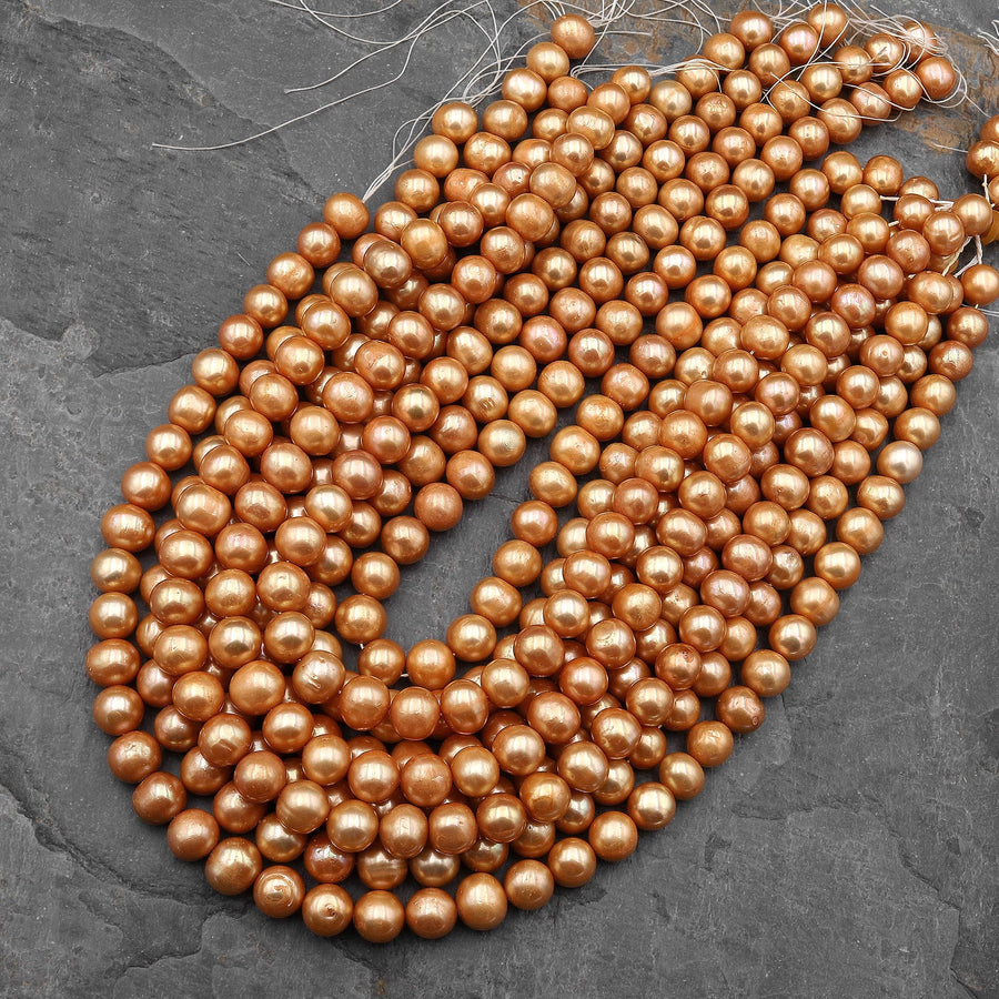 Large Golden Apricot Pearl 10mm Off Round Pearl Shimmery Pearly Iridescent Genuine Freshwater Pearl 15.5" Strand
