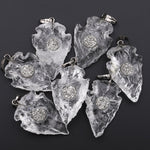 Natural Rough Raw Rock Crystal Quartz Pendants With Silver Druzy Center Hand Hammered Arrowhead Pendant
