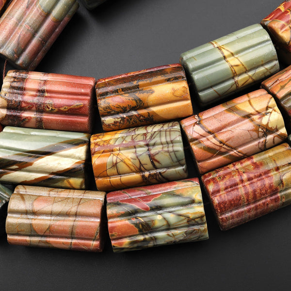 Large Natural Red Creek Jasper Beads Hand Carved Tube Cylinder Earthy Red Green Yellow Brown Gemstone 16" Strand