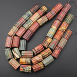 Large Natural Red Creek Jasper Beads Hand Carved Tube Cylinder Earthy Red Green Yellow Brown Gemstone 16" Strand