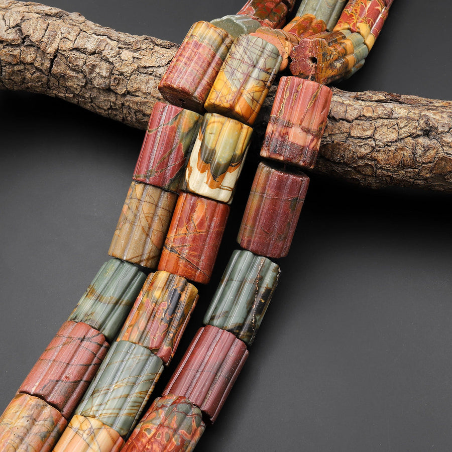 Large Natural Red Creek Jasper Beads Hand Carved Tube Cylinder Earthy Red Green Yellow Brown Gemstone 16" Strand