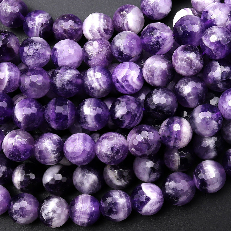 Natural Chevron Amethyst 6mm 8mm 10mm 12mm Faceted Round Beads Striking Eye Catching White Stripes 15.5" Strand