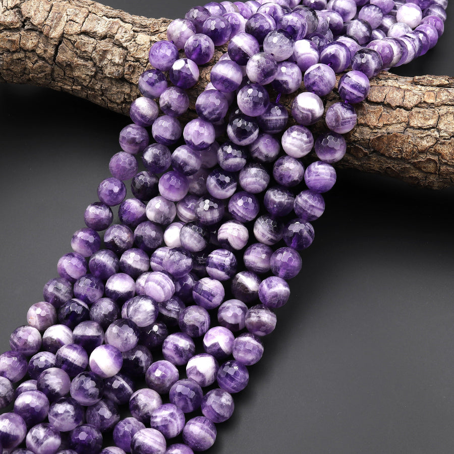 Natural Chevron Amethyst 6mm 8mm 10mm 12mm Faceted Round Beads Striking Eye Catching White Stripes 15.5" Strand