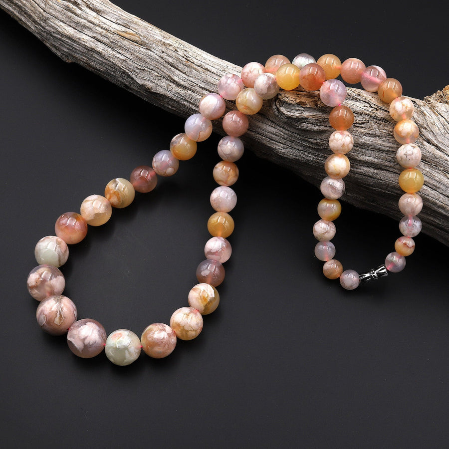 AAA Graduated Natural Cherry Blossom Flower Agate Round Beads 23" Long Finished Necklace Strand
