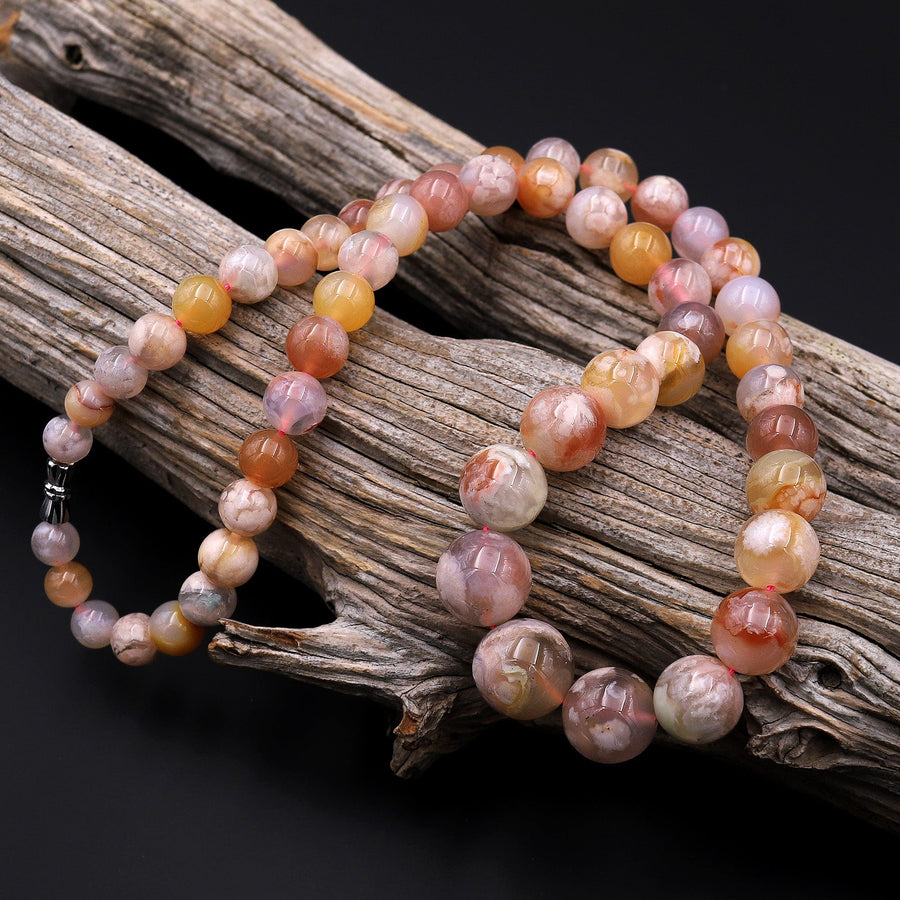 AAA Graduated Natural Cherry Blossom Flower Agate Round Beads 23" Long Finished Necklace Strand