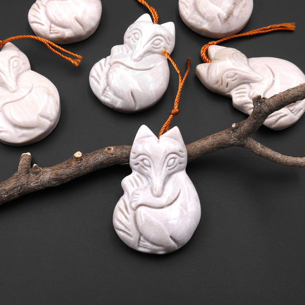 Hand Carved Natural Petrified Wood Fox Pendant Gemstone Focal Bead