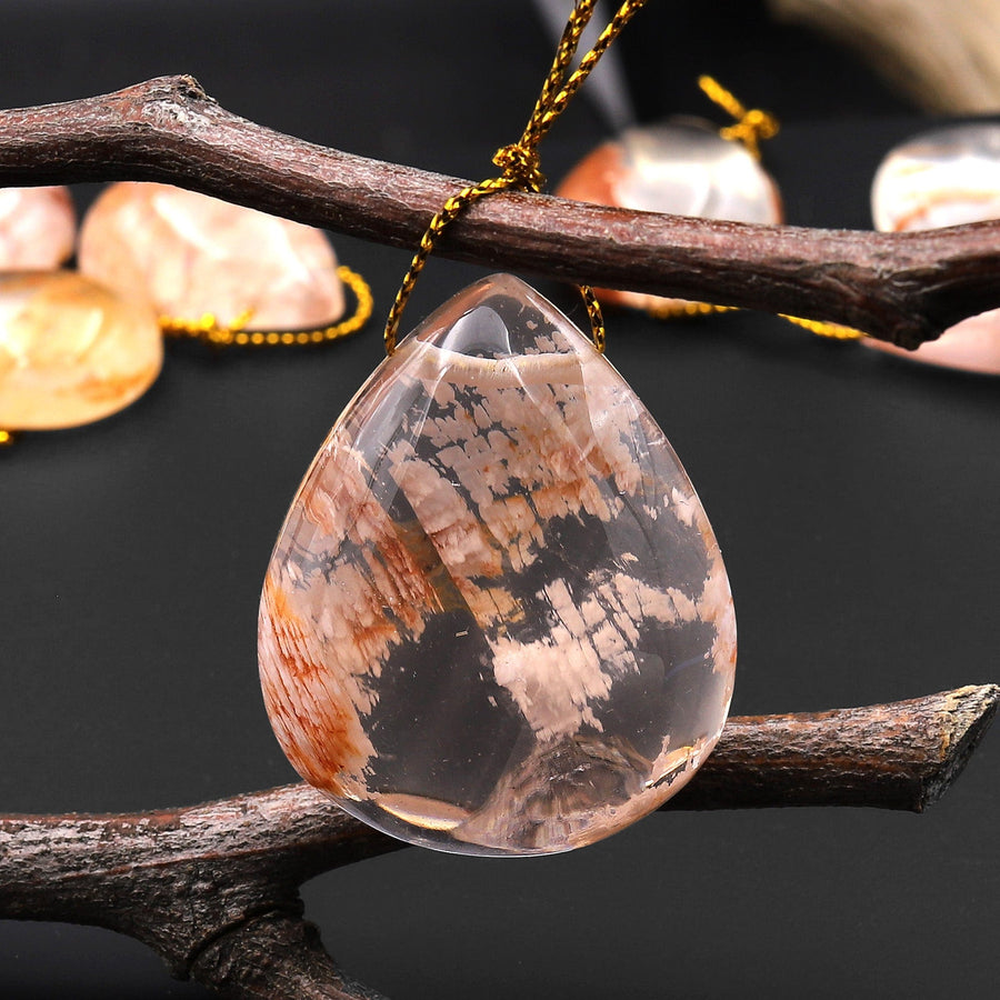 Rare Natural Red Phantom Quartz Puffy Teardrop Pendant Side Drilled Gemstone Focal Bead