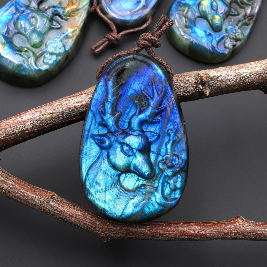 AAA Hand Carved Natural Blue Labradorite Artemis Deer Pendant Gemstone Focal Bead