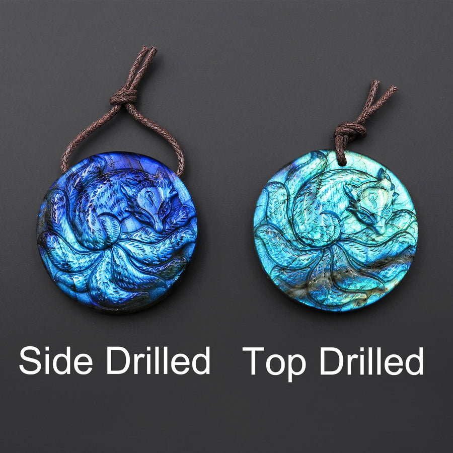 AAA Hand Carved Mystical Nine-Tailed Fox Natural Golden Blue Labradorite Pendant Gemstone Focal Bead