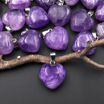 Natural Purple Amethyst Gemstone Puffy Heart Pendant Natural Crystal Focal Bead