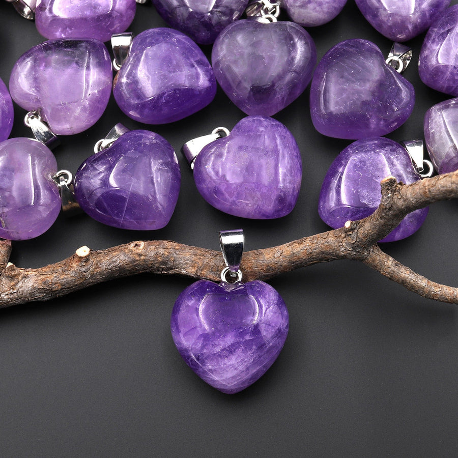 Natural Purple Amethyst Gemstone Puffy Heart Pendant Natural Crystal Focal Bead