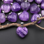 Natural Purple Amethyst Gemstone Puffy Heart Pendant Natural Crystal Focal Bead