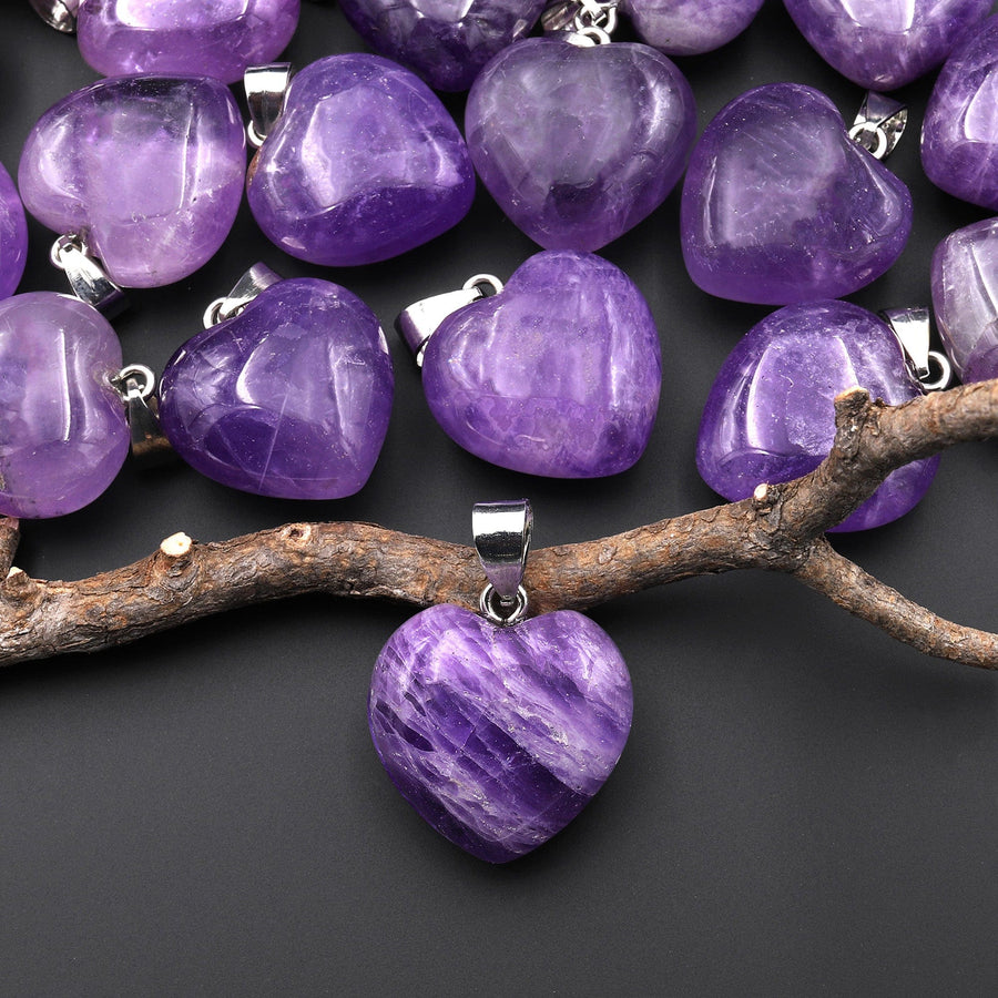 Natural Purple Amethyst Gemstone Puffy Heart Pendant Natural Crystal Focal Bead