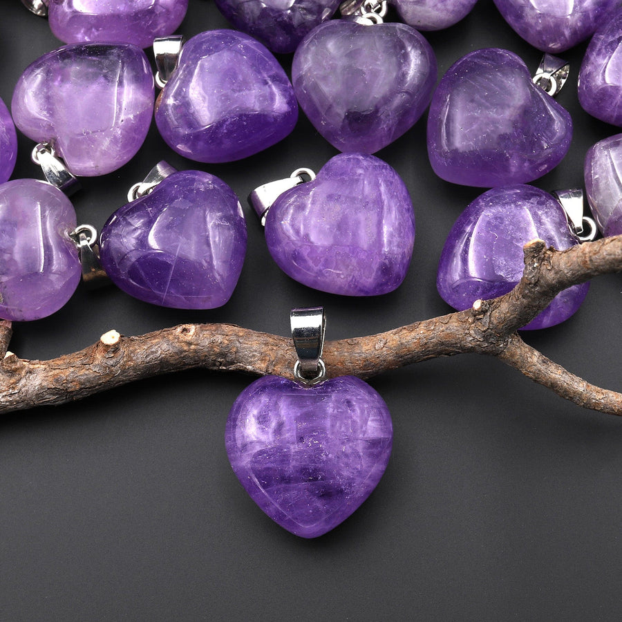 Natural Purple Amethyst Gemstone Puffy Heart Pendant Natural Crystal Focal Bead