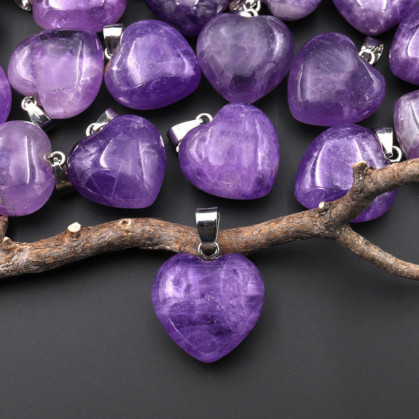 Natural Purple Amethyst Gemstone Puffy Heart Pendant Natural Crystal Focal Bead