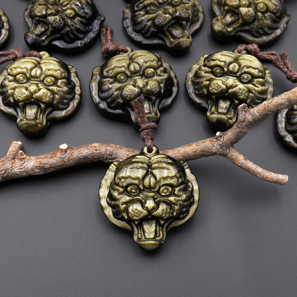 AAA Hand Carved Natural Golden Obsidian Tiger Head Pendant Gemstone Focal Bead