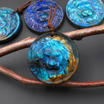 Hand Carved Natural Blue Golden Labradorite Lion Face Head Medallion Amulet Pendant Drilled Gemstone Focal Bead