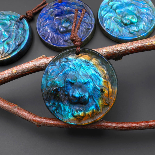 Hand Carved Natural Blue Golden Labradorite Lion Face Head Medallion Amulet Pendant Drilled Gemstone Focal Bead A10