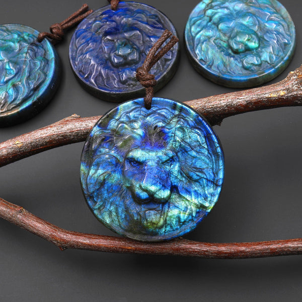 Hand Carved Natural Blue Golden Labradorite Lion Face Head Medallion Amulet Pendant Drilled Gemstone Focal Bead A11