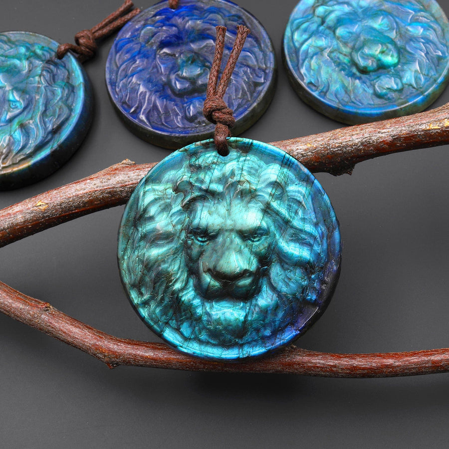 Hand Carved Natural Blue Golden Labradorite Lion Face Head Medallion Amulet Pendant Drilled Gemstone Focal Bead A12