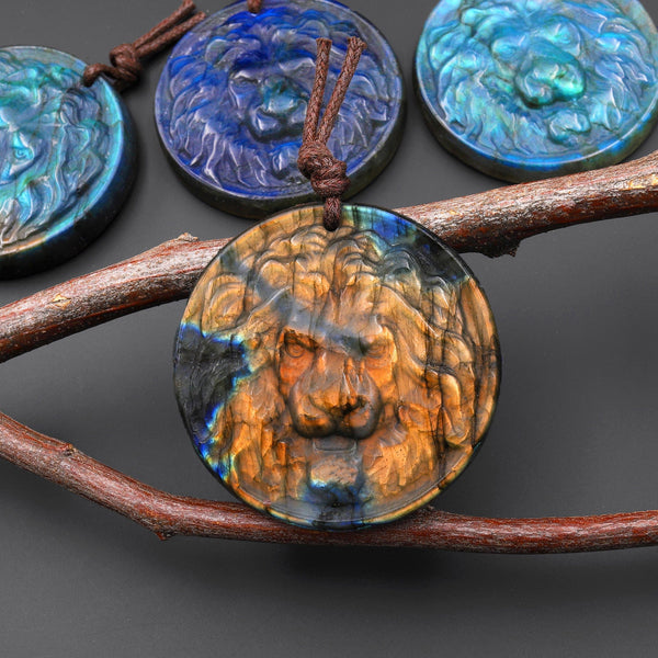 Hand Carved Natural Blue Golden Labradorite Lion Face Head Medallion Amulet Pendant Drilled Gemstone Focal Bead A14