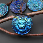 Hand Carved Natural Blue Golden Labradorite Lion Face Head Medallion Amulet Pendant Drilled Gemstone Focal Bead