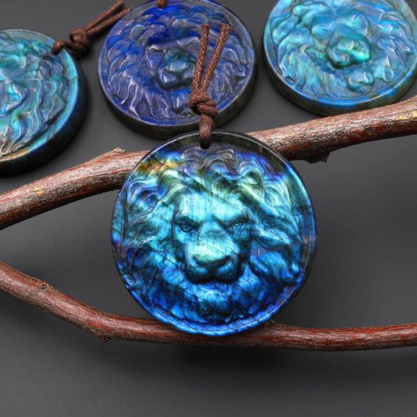 Hand Carved Natural Blue Golden Labradorite Lion Face Head Medallion Amulet Pendant Drilled Gemstone Focal Bead A1