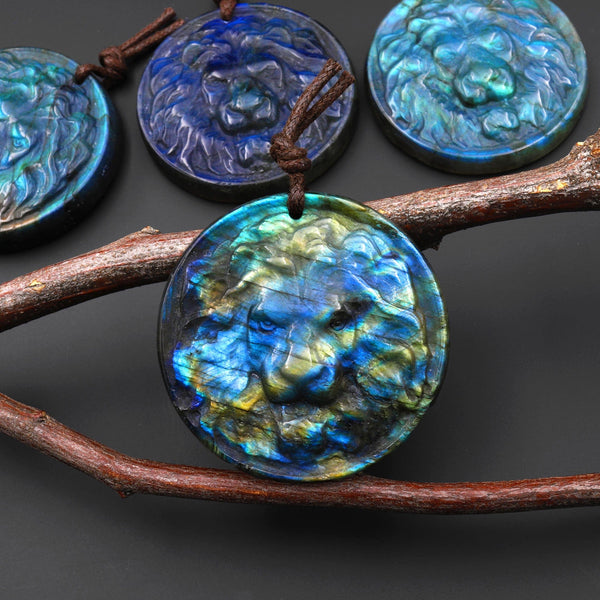 Hand Carved Natural Blue Golden Labradorite Lion Face Head Medallion Amulet Pendant Drilled Gemstone Focal Bead A5