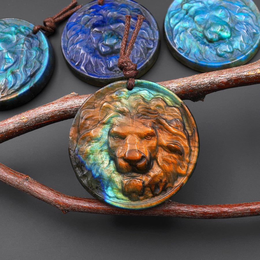 Hand Carved Natural Blue Golden Labradorite Lion Face Head Medallion Amulet Pendant Drilled Gemstone Focal Bead