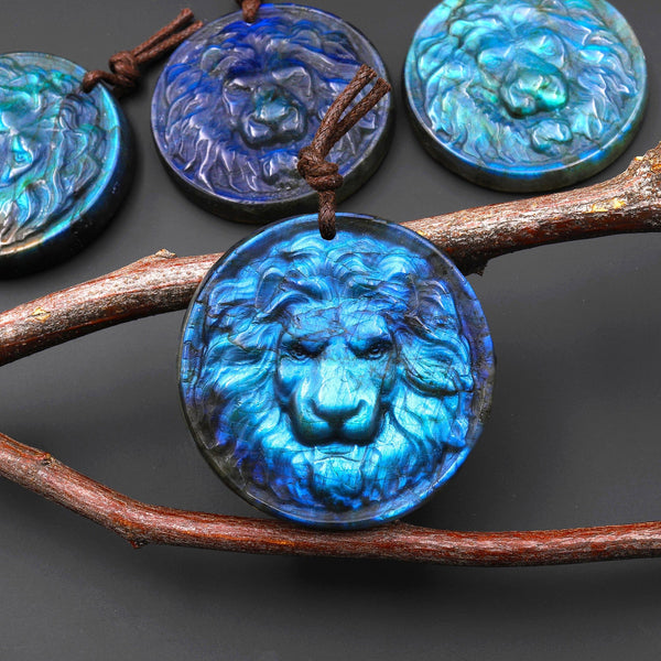 Hand Carved Natural Blue Golden Labradorite Lion Face Head Medallion Amulet Pendant Drilled Gemstone Focal Bead A7