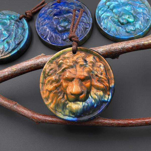 Hand Carved Natural Blue Golden Labradorite Lion Face Head Medallion Amulet Pendant Drilled Gemstone Focal Bead A8