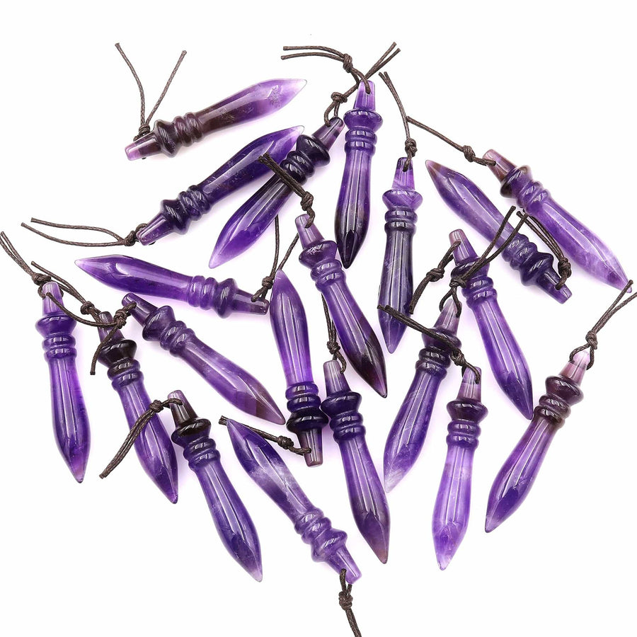 Natural Purple Amethyst Carved Wand Ritual Dagger Pendant Drilled Crystal Gemstone Bead Pendulum