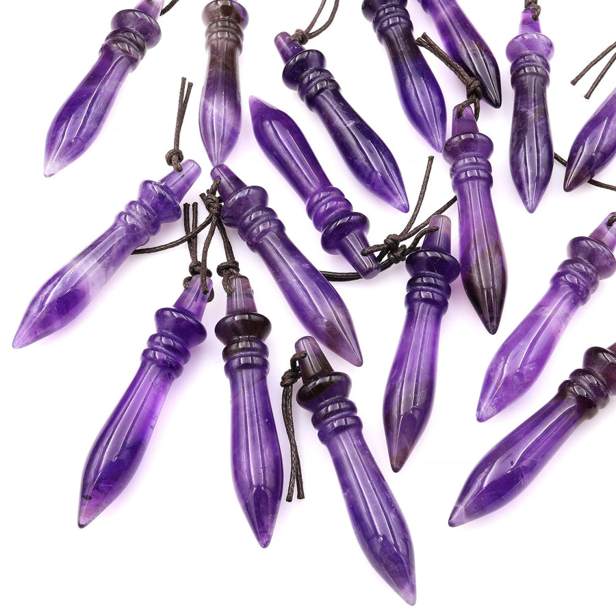 Natural Purple Amethyst Carved Wand Ritual Dagger Pendant Drilled Crystal Gemstone Bead Pendulum