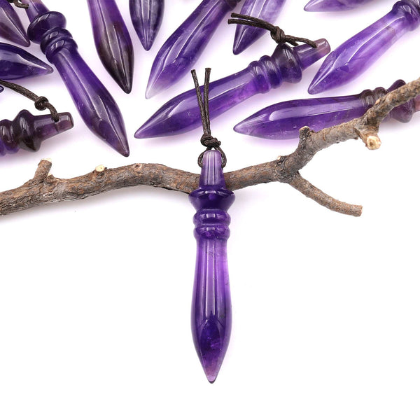 Natural Purple Amethyst Carved Wand Ritual Dagger Pendant Drilled Crystal Gemstone Bead Pendulum